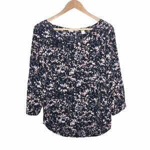 Max Studio Black Tie-Dye Floral Long Sleeve 100% Silk Blouse Top Size S